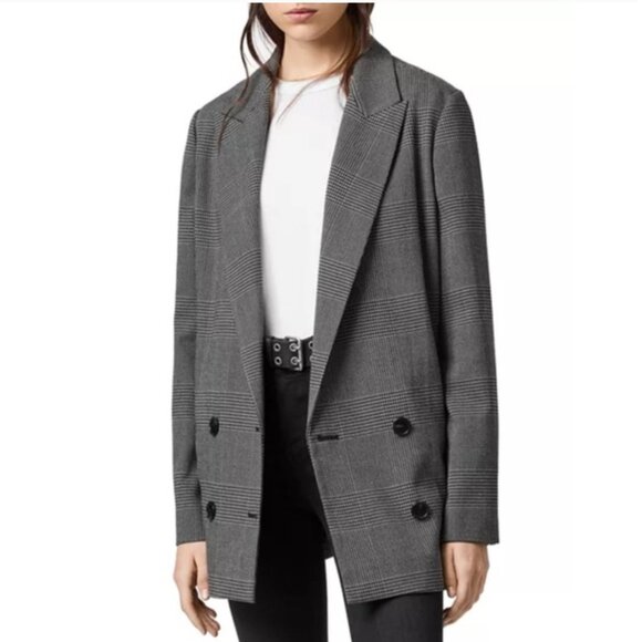 All Saints Helei Oversize Double Breasted Plaid Blazer Jacket Sz 10 Grey L - Picture 1 of 13